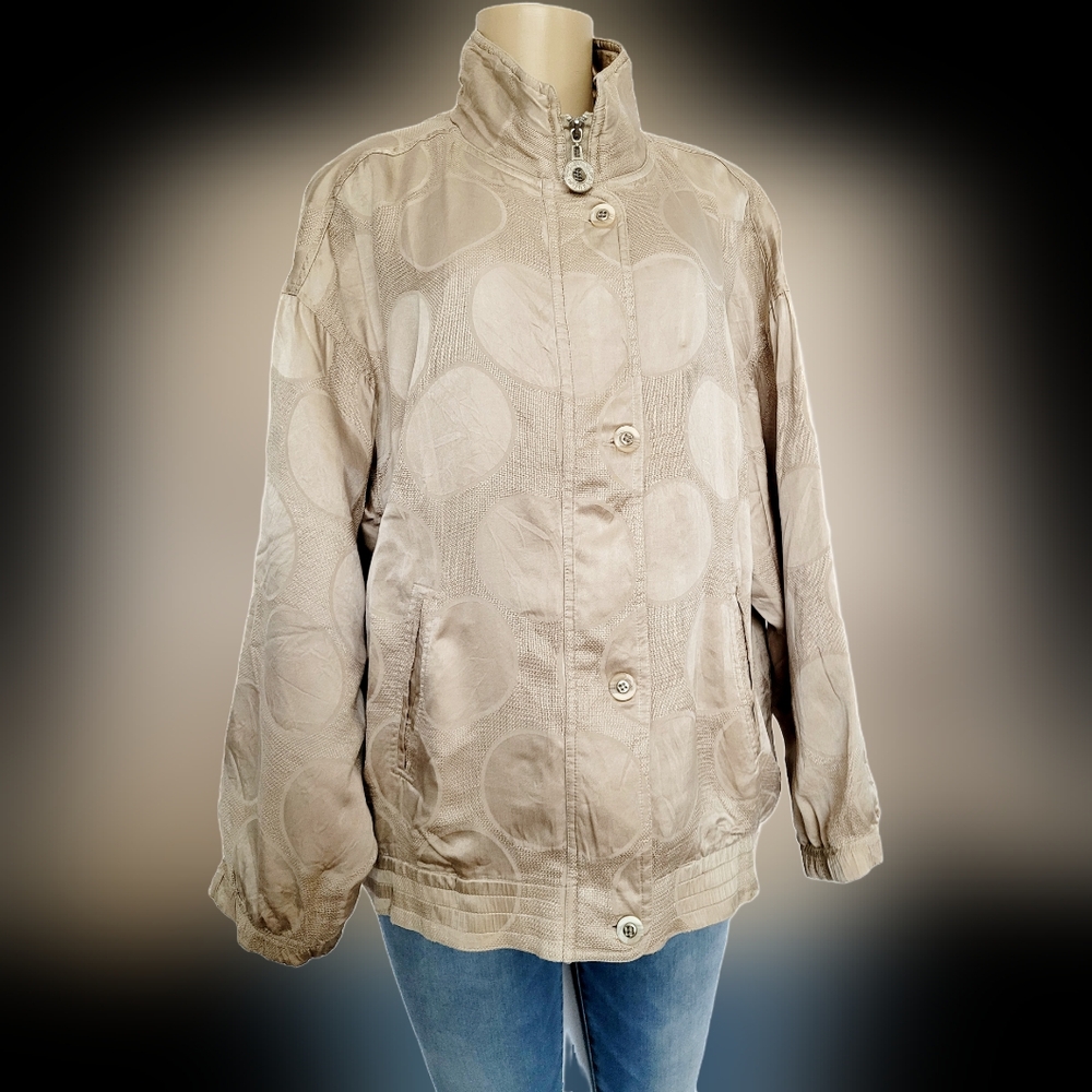 Marshall Rousso VTG 100%Silk Bomber Jacket Tan/Taupe Full Zip/Buttons Large